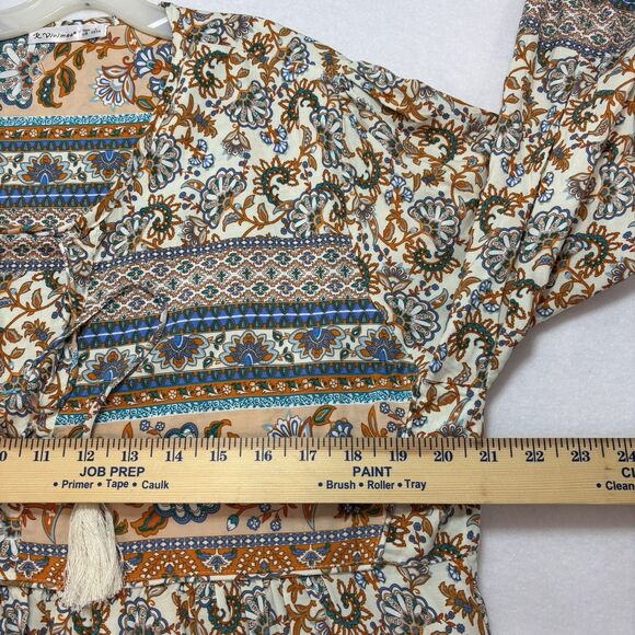 R VIVIMOS  Long Sleeve Boho Midi Dress Floral V Neck Cottage Prairie - Picture 6 of 9